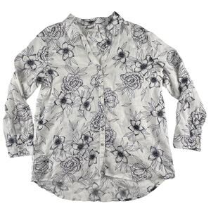 LIV | Rachel Zoe Plus Size 2X 100% Linen White Navy Blue Floral Button Up Shirt